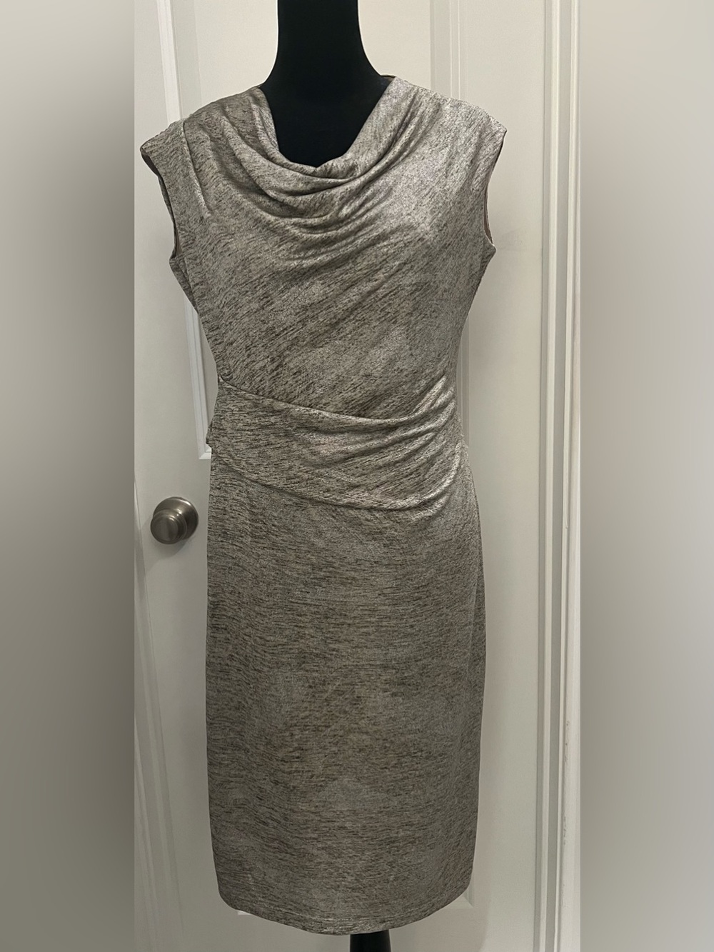 Connected Apparel Women’s Size 12 Silver Gold Metallic Beige Cowl Neck Dress